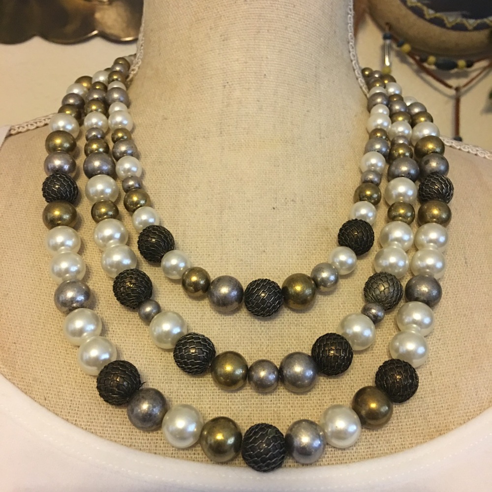 Vintage layered triple strand beaded necklace
